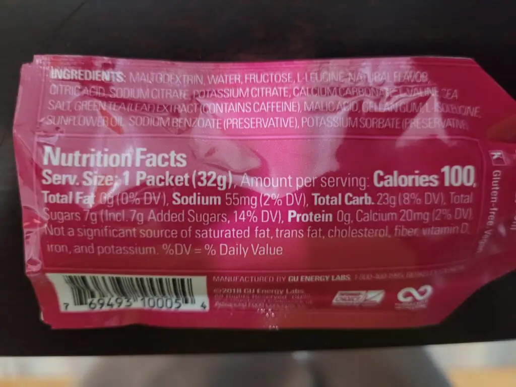 this image shows gu gel (triberry) nutritional facts