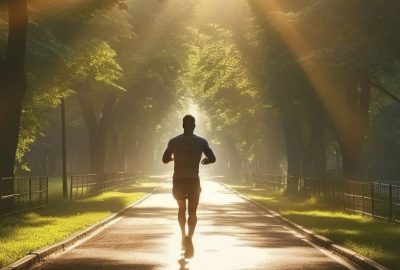 image shows a person running in the early morning